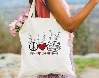 Peace Love & Bücher Tasche, Groovy Tragetasche mit Peace Zeichen, Geschenk für Buch Nerd Bookish Leser, Bibliothekar Tasche, Markt-Einkaufstasche