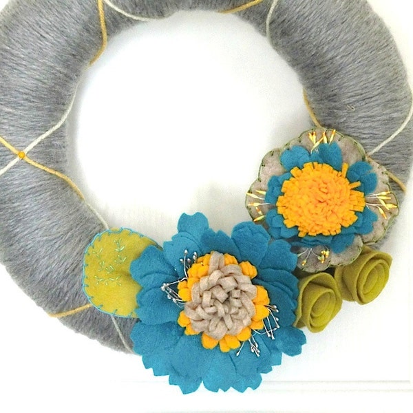 CYBER MONDAY 15% Sale - Yarn & Felt Flower Wreath - Turquoise Gold Gray 12 in Fantasy Holiday Year-Round