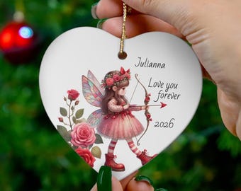 Valentine Fairy Cupid Add-A-Name Ceramic Ornament | Pink Hearts Roses