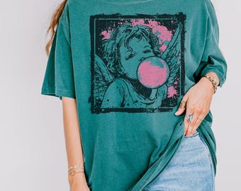 Cherub Blowing Bubblegum T-shirt | Dark Shades Comfort Colors Vintage Angel Graphic