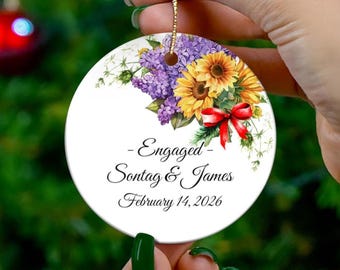 Sunflowers & Lilacs Engagement Ornament Ceramic Ornament | Personalized Valentine, Red Ribbon Accent