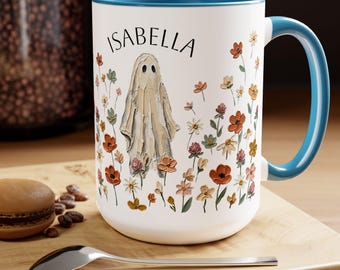 Garden Ghost Ceramic Mug, 15oz Capacity, Floral Design, Two-Tone Handle