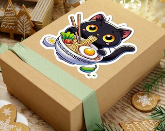 Black Cat Eating Ramen Sticker | Kiss-Cut Vinyl Decal