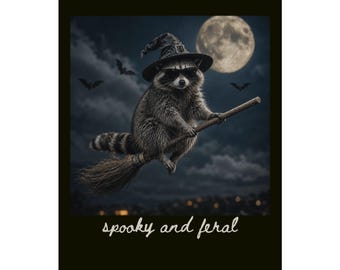 Spooky and Feral Raccoon Witch poster | Dark Matte Vertical Posters