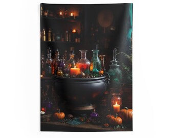 Witch's Potions Cauldron Tapestry, Halloween Wall Art, Polyester Fabric Decor