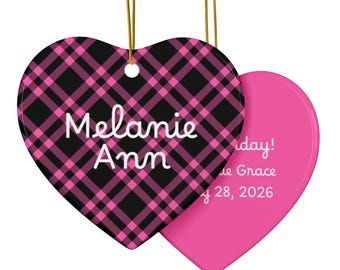 Customizable Pink Plaid Ceramic Ornament, Double-Sided Text, Keepsake Gift
