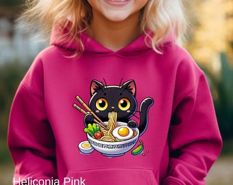 Children's Hoodie, Kawaii Cat Eating Ramen Noodles, Funny Japanese Anime Sweatshirt