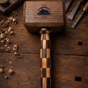 May include: A wooden mallet with a checkered handle and a rectangular head. The head has the text "FOBBY'S WOODWORKING" and a logo. The mallet is surrounded by wood shavings and woodworking tools.