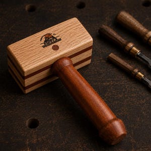 May include: A handcrafted wooden mallet with a light-colored oak head and a dark wood handle. The head features two thin, dark red stripes and a circular logo. Three chisels with wooden handles and metal blades are also visible.