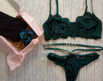 Burgundy Red Luxe Velvet & Eyelash Lace Corset Bralette Bra and High Waist Panty Lingerie Set l CUSTOM SIZING AVAILABLE l Wife, Girlfriend