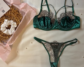 Velvet & Lace Mystic Green Bra Thong Adjustable Panty Lingerie Set l Gift l CUSTOM SIZING AVAILABLE l Wife, Girlfriend l Personalizable