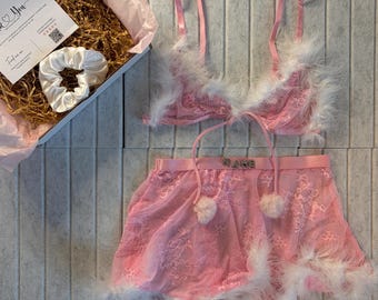 Pink 2pcs Romantic Lace Bra & Skirt Doll Lingerie Babydoll Set l Present l CUSTOM l Valentines Day Gift l Birthday, Anniversary, Special