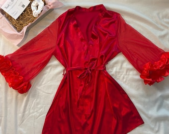 Red Satin Lace Trim Satin Belted Robe l Sleep, PJ, Lingerie l Bridal, Bridesmaid, Loungewear Sleepwear l Custom Sizing, Personalizable