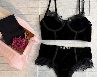 Burgundy Red Luxe Velvet & Eyelash Lace Corset Bralette Bra and High Waist Panty Lingerie Set l CUSTOM SIZING AVAILABLE l Wife, Girlfriend