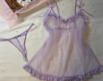 Purple Sheer Silhouette Ruffle Slip Dress & Thong Lingerie Set l CUSTOM SIZING AVAILABLE l Ready to Gift Present l Wife, Girlfriend, Special