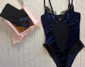 Blue & Black Velvet Lace Trim Bodysuit Lingerie Set l Present, Gift l CUSTOM SIZING AVAILABLE l Wife, Girlfriend l Personalizable