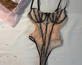 Conjunto de lencería body sin espalda con lentejuelas y malla | Tallas personalizadas disponibles | Regalo | Personalizable | Romántico, Bailarina