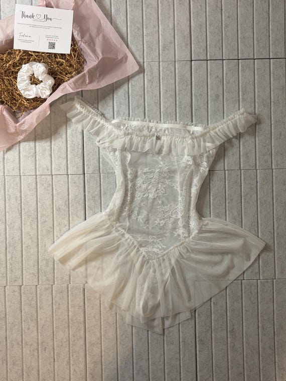 White Lace Body Sheer Silhouette Ruffle Off the Shoulder Lingerie Dress l CUSTOM SIZING AVAILABLE l Gift Present, Wife, Girlfriend, Special,