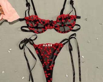 Burgundy Red Luxe Velvet & Eyelash Lace Corset Bralette Bra and High Waist Panty Lingerie Set l CUSTOM SIZING AVAILABLE l Wife, Girlfriend