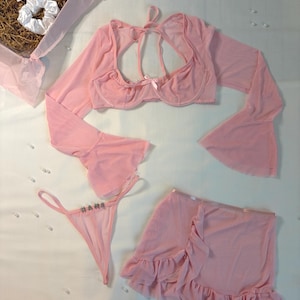 French Pink 3 pcs Long Sleeve Bustier Bra, Thong, and Sheer Skirt Set  l CUSTOM SIZING AVAILABLE l Ready to Present l Valentines Day Gift