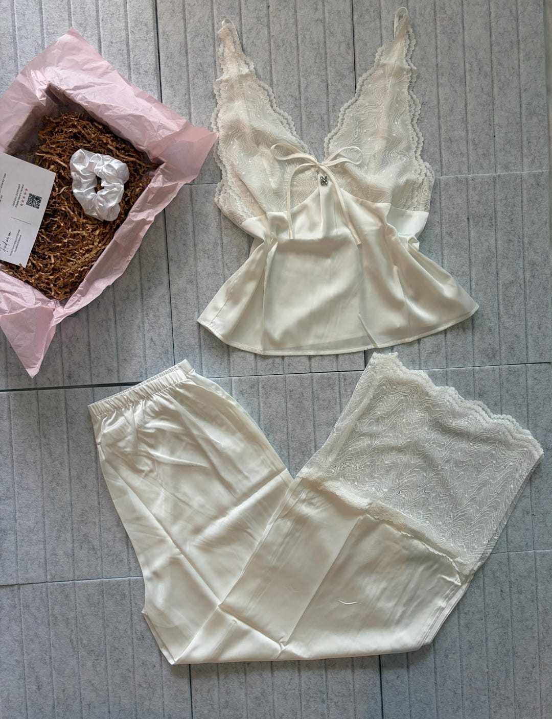Dove White Boho Satin & Lace Top Pants Pajama Lounge wear Set l Personalizable CUSTOM SIZING AVAILABLE l Gift, Comfy, Organic, Bridal, Bride - L US women's letter, White