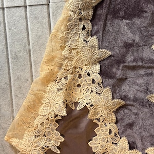 May include: A dark brown velvet garment featuring an intricate cream-colored floral lace trim along the edge. The lace displays a detailed petal pattern, contrasting with the smooth, soft texture of the dark brown fabric base underneath.