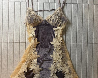 Velvet & Lace Panel Pearl Beaded Dip Back Thigh Slit Slip Dress Lingerie l Gift, Present l CUSTOM SIZING AVAILABLE l Personalizable l Love