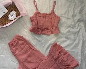 Bohemian Pink 100% Cotton Sleeveless Tie Up Lounge Sleepwear Pajama Set l Custom Sizing Available l Bridesmaid, Bachelorette, Gift Present
