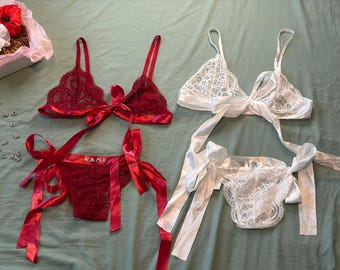 Red White Black Satin Ribbon Tie Bow Bra & Panty Tie Up Lingerie Set l CUSTOM SIZING AVAILABLE l Gift, Present, Romantic l Personalizable