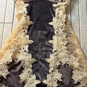 May include: A dark brown velvet slip dress featuring a deep scoop neckline and spaghetti straps. The garment is accented with wide panels of cream-colored floral lace along the sides and bodice, showcasing intricate embroidered flower motifs.