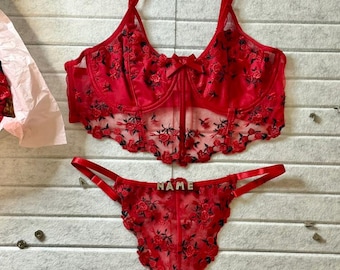 Burgundy Red Luxe Velvet & Eyelash Lace Corset Bralette Bra and High Waist Panty Lingerie Set l CUSTOM SIZING AVAILABLE l Wife, Girlfriend