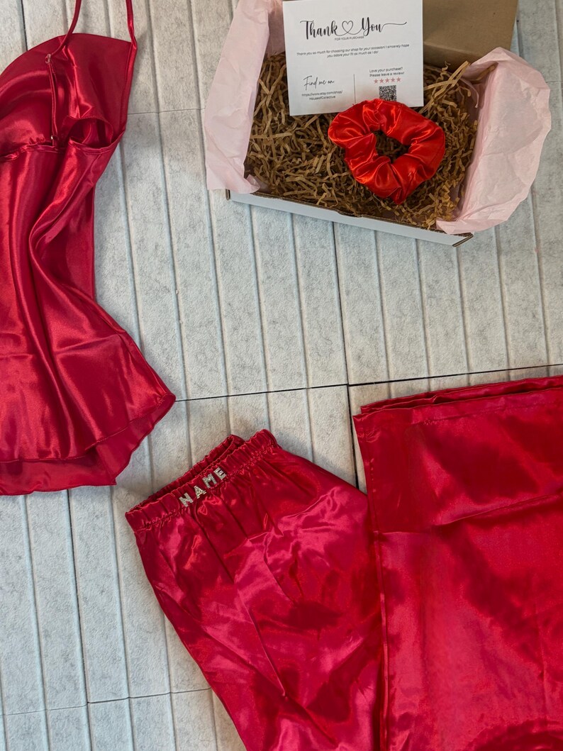 Roze, goud, rood, blauw lichtgewicht satijnen cami broek nachtkleding loungewear pyjama pyjama set l Personaliseerbaar AANGEPASTE GROOTTE BESCHIKBAAR l Valentijnscadeau afbeelding 17