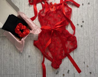 Be Mine Red Babydoll Heart Mesh Sheer Lace Tie Up Teddy Bodysuit Romper l CUSTOM SIZING AVAILABLE l Valentines Day Gift l Personalizable