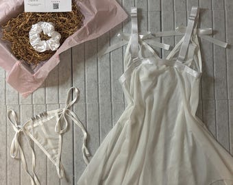 Madame White Lace Bow Hourglass Babydoll Tie up Slip Dress & Thong Set l CUSTOM SIZING AVAILABLE l Gift l Wife, Girlfriend l Personalizable