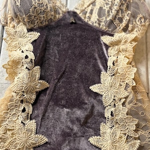 May include: A dark purple velvet bodysuit featuring cream-colored lace panels along the sides and a matching lace bodice. The garment includes thin adjustable straps and intricate floral lace appliques that frame the central velvet torso section.