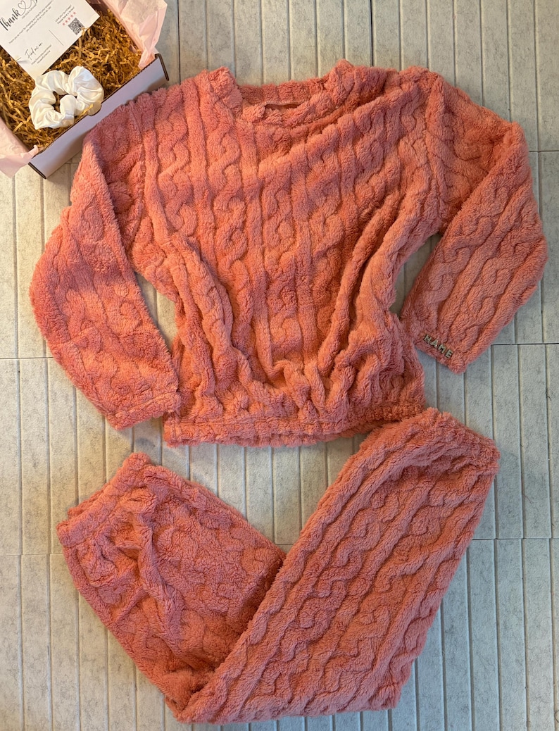 Bear Fluffy White & Pink Long Sleeve Top Pants Pajama Lounge wear Set l Personalizable CUSTOM SIZING AVAILABLE l Gift l Friend, Comfy, Cozy image 11