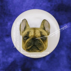 May include: A detailed sculpture of a French Bulldog's face, set on a white, circular base. The dog's face is tan and black, with visible wrinkles and realistic features. Measurements: Face Height 35 mm, Height with Ears 50 mm, Width 36 mm, Depth 33 mm.