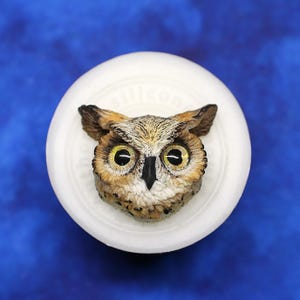May include: A detailed owl head mold with brown, tan, and black coloring, set on a white circular base. The owl has large yellow eyes and a black beak. The mold is likely for crafting or decorative purposes.