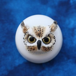 May include: A white, circular ornament with a detailed owl design. The owl has large yellow eyes, a black beak, and brown and white feathered details. The background is a solid, deep blue.