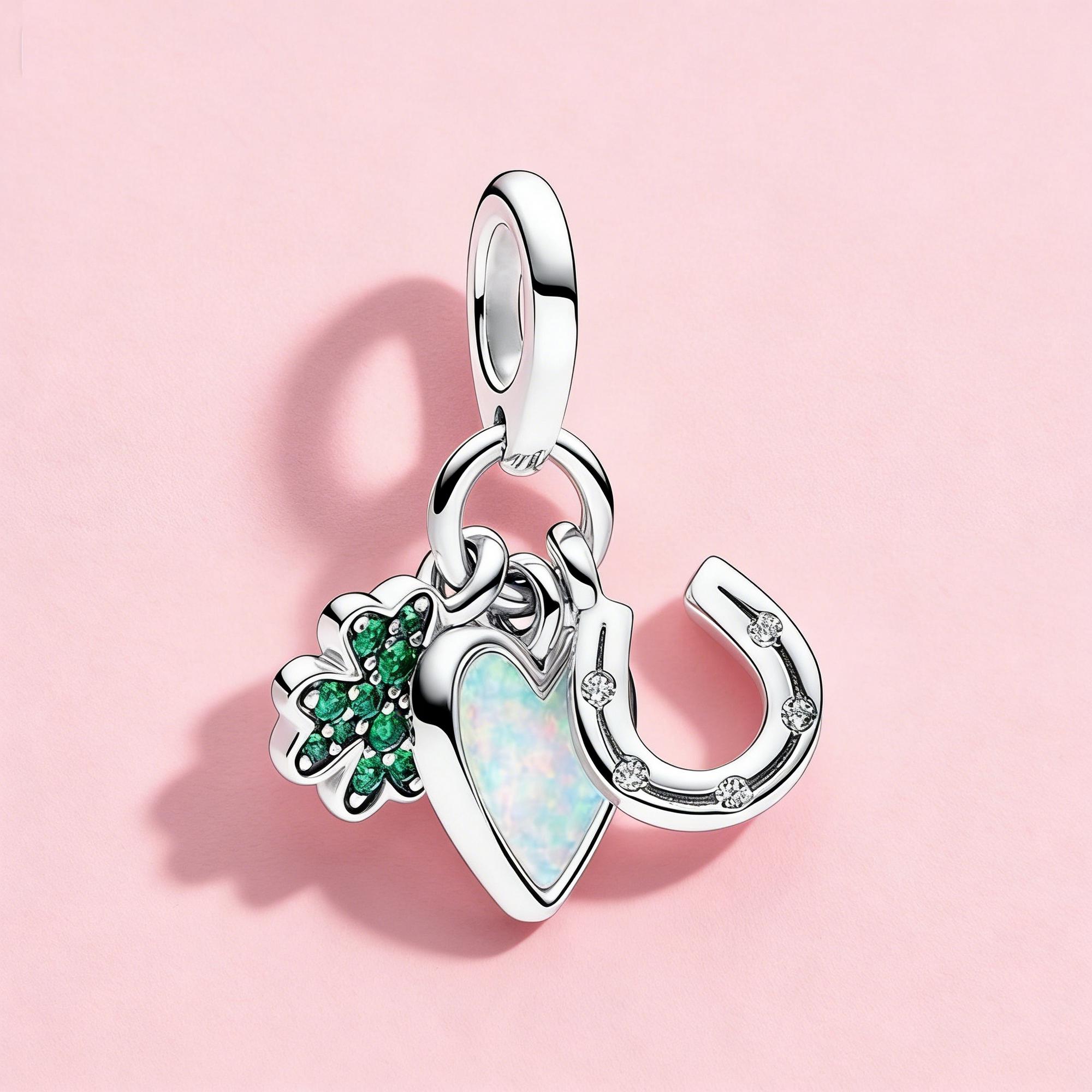 Four Leaf Clover, Heart and Horseshoe Triple Dangle Charm,925