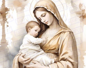 water colore Virgin Mary Clipart with Baby Jesus Christmas Nativity Printable Images Catholic Digital Download Holy Scrapbooking Paper