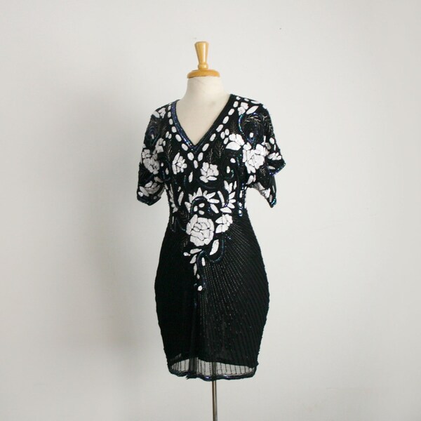 on hold for milolo 1980s  bombshell black and white sequin embellished evening gown, size medium