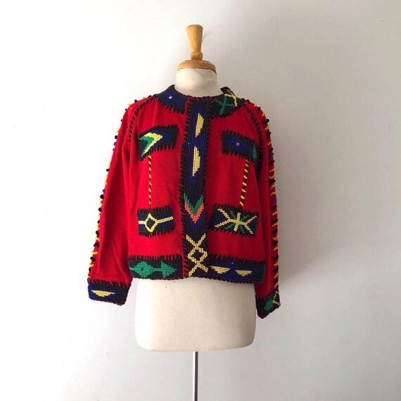 Vintage 80s Red Beaded Jacket, Southwestern Sweate