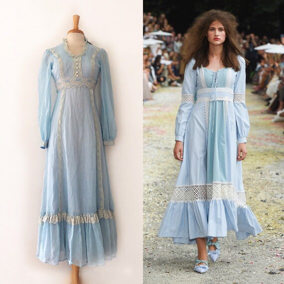 70’s Vintage Blue Prairie Style Maxi Sun Dress Gun