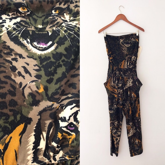 1980’s Jumpsuit Tiger Print Strapless with pockets