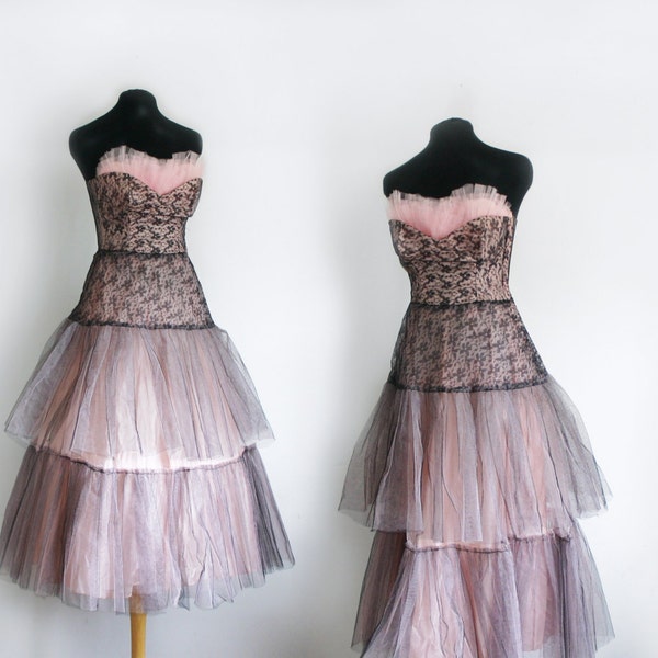 1950s taffeta and tulle blush pink and black lace crinoline party dress size small