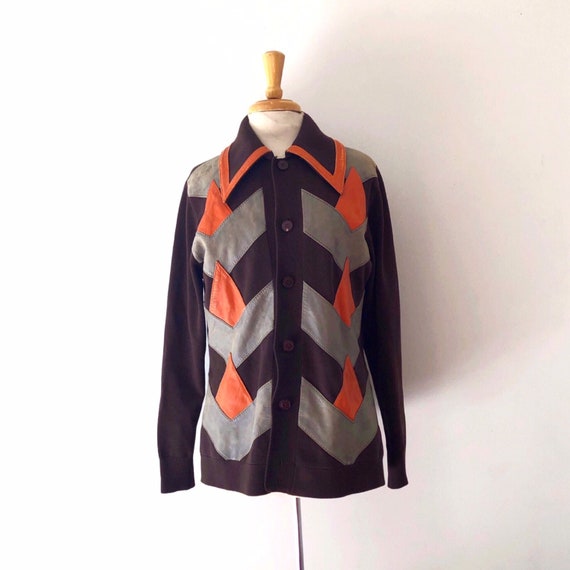 1970s Brown Leather Knit Jacket Cardigan Espresso