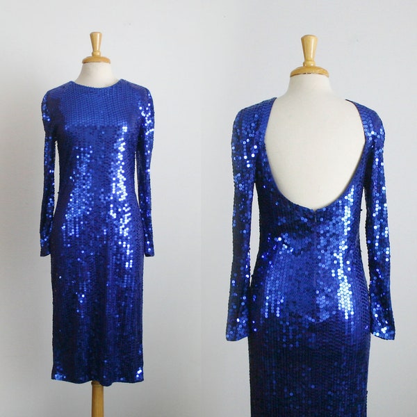 1980s open back bombshell cobalt blue sequin embellished evening gown, size medium