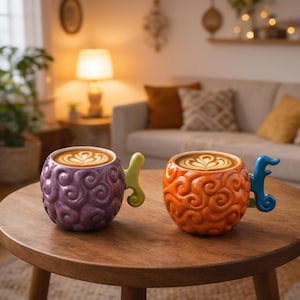 May include: Two ceramic mugs with a swirling, textured surface pattern. The left mug is purple with a light green handle, and the right mug is orange with a blue handle. Both mugs are filled with coffee featuring a white latte art design.