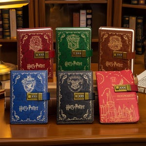 Könnte beinhalten: Sechs rechteckige Notizbücher mit Zahlenschloss, jedes mit goldfarbenem Harry-Potter-Branding und hausspezifischen Designs in Rot, Grün, Braun, Blau und Schwarz, mit detaillierten goldfarbenen Illustrationen und Text auf den Vorderseiten.